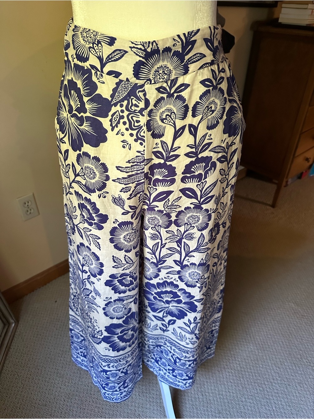 NWT Rachel Zoe Linen Blend Palazzo Pants Blue White Floral Coastal Boho Sz S - Picture 11 of 15
